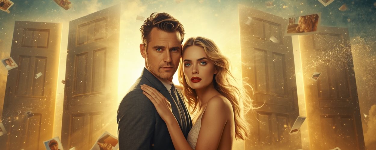 Colin Farrell und Margot Robbie stehen eng umschlungen vor leuchtenden Türen während Fotos aus ihrer Vergangenheit durch die Luft schweben in A Big Bold Beautiful Journey