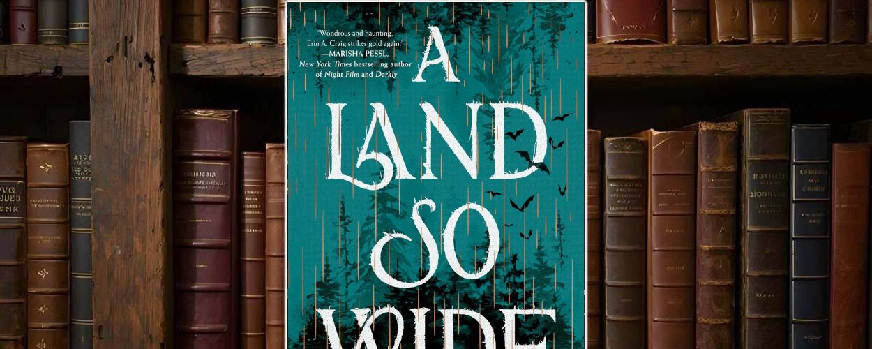 Cover von A Land So Wide von Erin A. Craig – stilisiertes düsteres Märchen im türkisfarbenen Design.