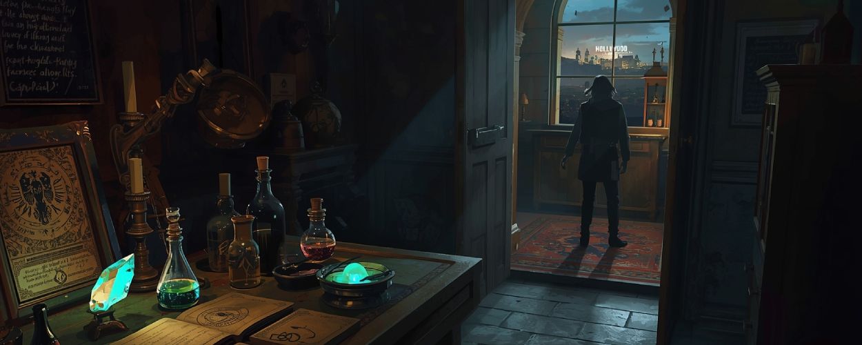 Ein düsteres Alchemielabor mit leuchtenden Phiolen und Kristallen; im Hintergrund blickt eine Gestalt durch ein Fenster auf das Hollywood-Sign.