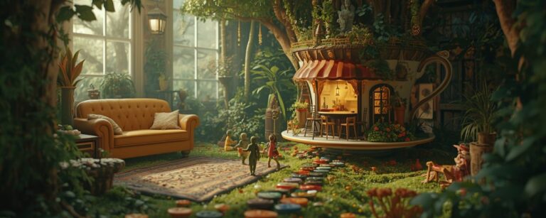 Fantasiewelt im Wohnzimmer mit einer Teetasse als Café, winzigen Bewohnern und einem Weg aus Knöpfen im Spiel Animula Nook.