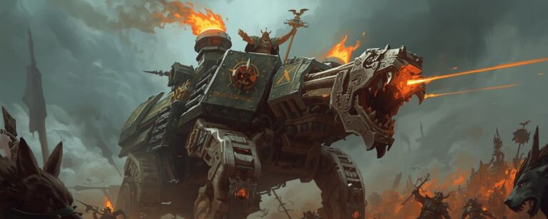 Eine gigantische Fantasy Kriegsmaschine in Form eines feuerspeienden Metallbestien Panzers marschiert durch ein Schlachtfeld voller Orks und Wölfe.