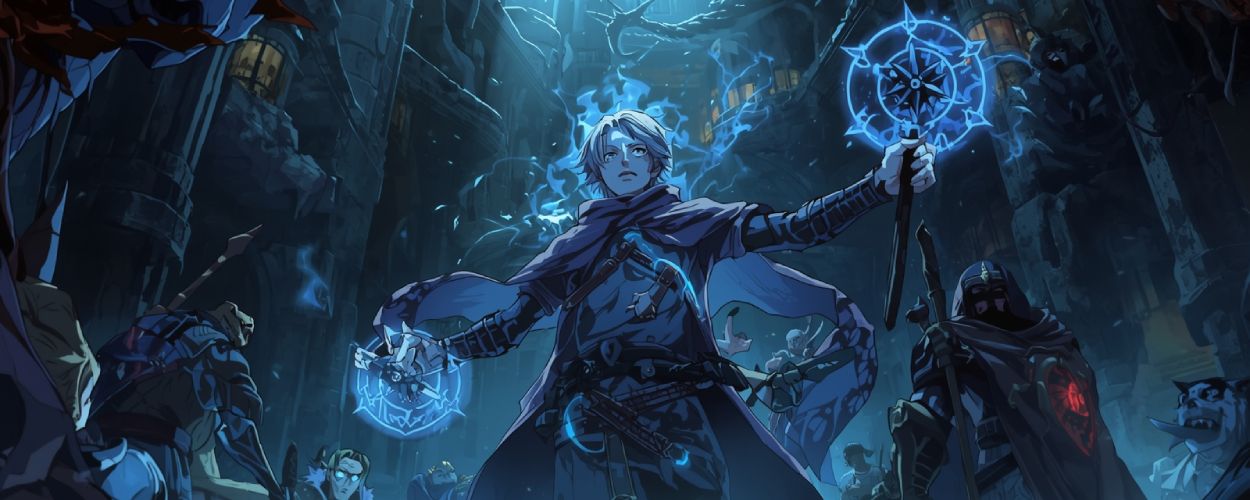 Ein junger Abenteurer steht im düsteren Dungeon umgeben von Feinden während blaue Magie um ihn kreist – Szene aus Backstabbed in a Backwater Dungeon.