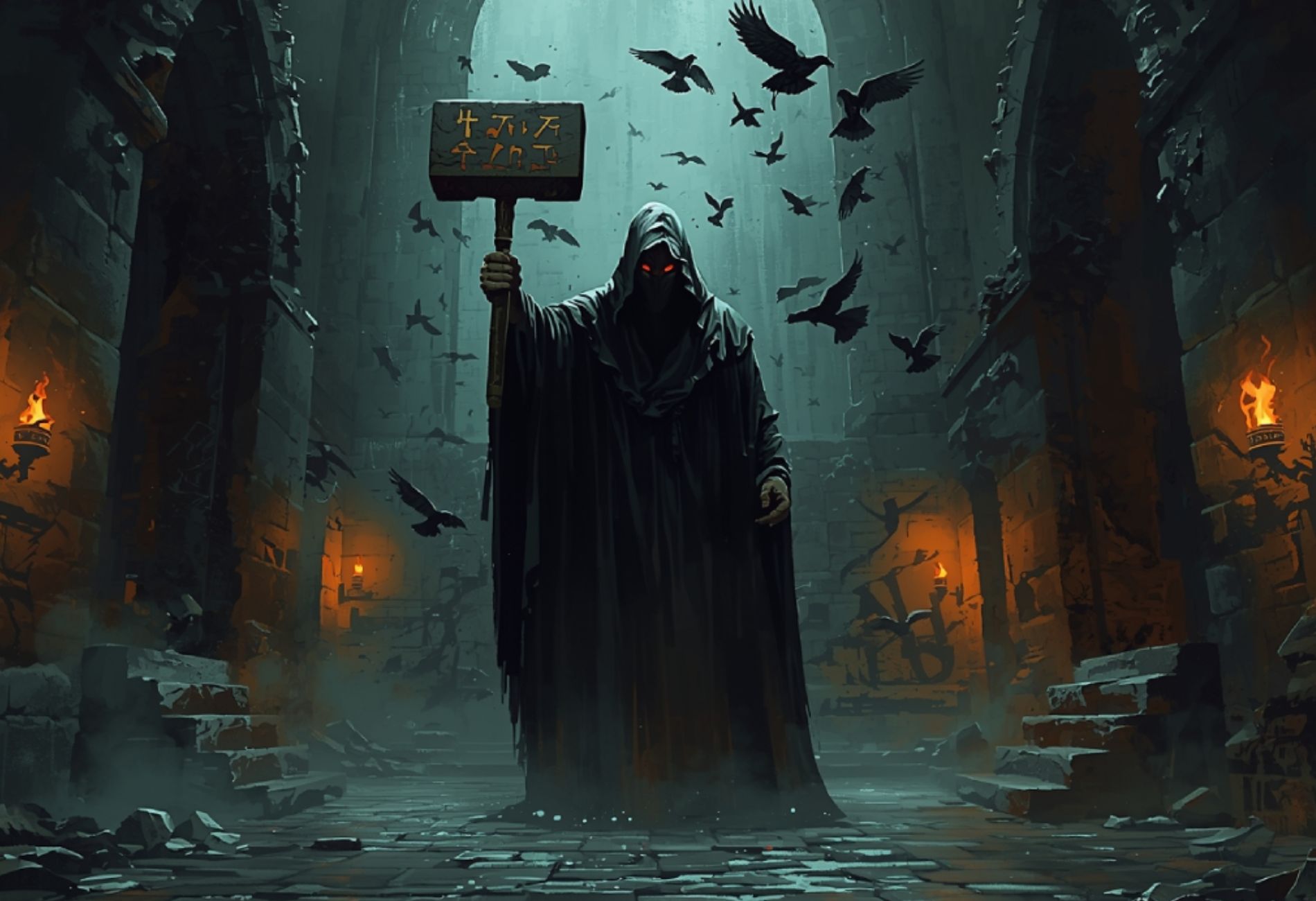 Düsteres Fantasy-Bild: Blutroter Vollmond über einer verfallenen Turmruine, umgeben von knorrigen Bäumen und gespenstischem Nebel – Omen von Morghulon.
