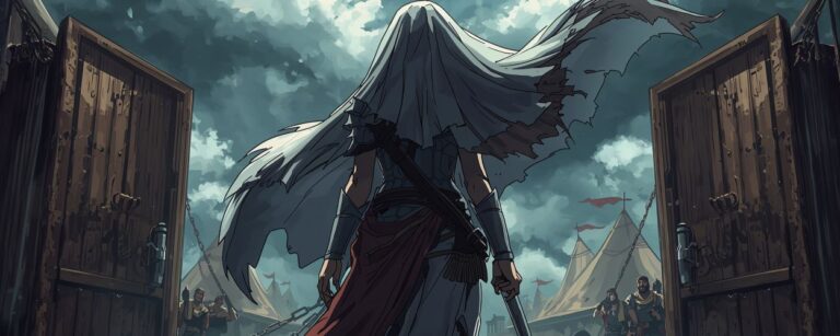 Anime-Szene: Eine stolze Kriegerbraut mit zerfetztem Schleier steht bewaffnet vor den Toren eines Barbarencamps – Symbol für die Verschiebung des Serienstarts von »The Barbarian’s Bride«.