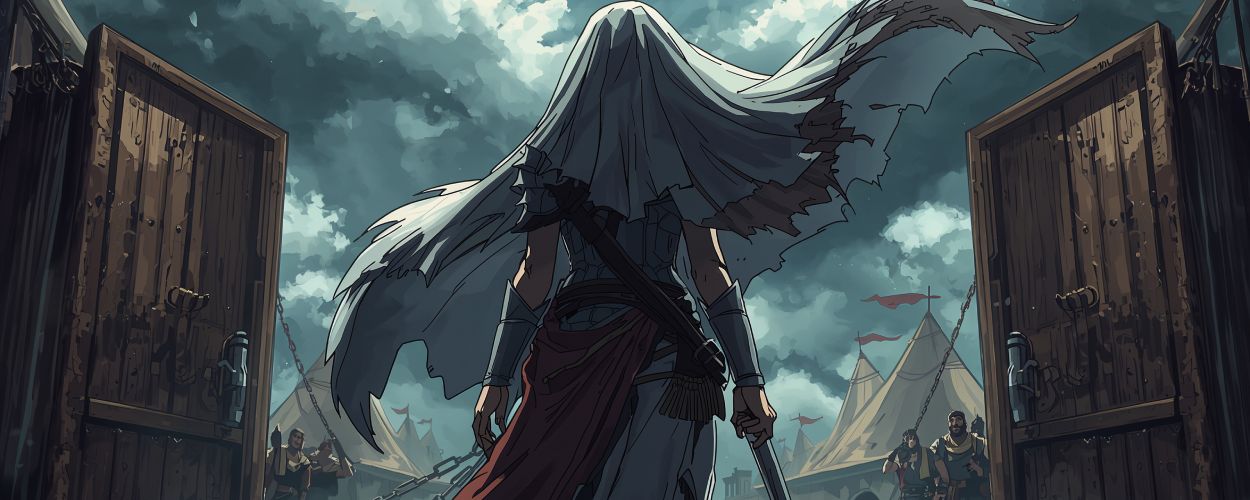 Anime-Szene: Eine stolze Kriegerbraut mit zerfetztem Schleier steht bewaffnet vor den Toren eines Barbarencamps – Symbol für die Verschiebung des Serienstarts von »The Barbarian’s Bride«.