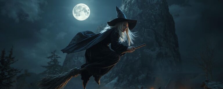 Junge Hexe auf einem Besen fliegt über einen leuchtenden Blocksberg, wo andere Hexen ein magisches Treffen abhalten – Symbol für Bibi Blocksberg – Das große Hexentreffen.