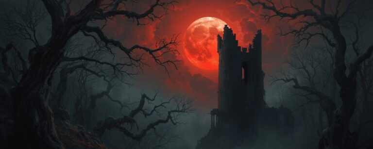 Düsteres Fantasy-Bild: Blutroter Vollmond über einer verfallenen Turmruine, umgeben von knorrigen Bäumen und gespenstischem Nebel – Omen von Morghulon.