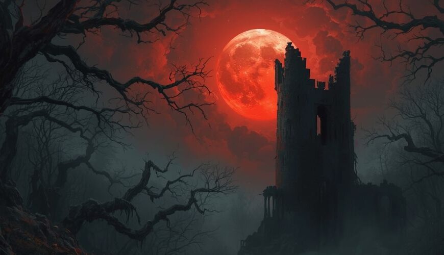Düsteres Fantasy-Bild: Blutroter Vollmond über einer verfallenen Turmruine, umgeben von knorrigen Bäumen und gespenstischem Nebel – Omen von Morghulon.