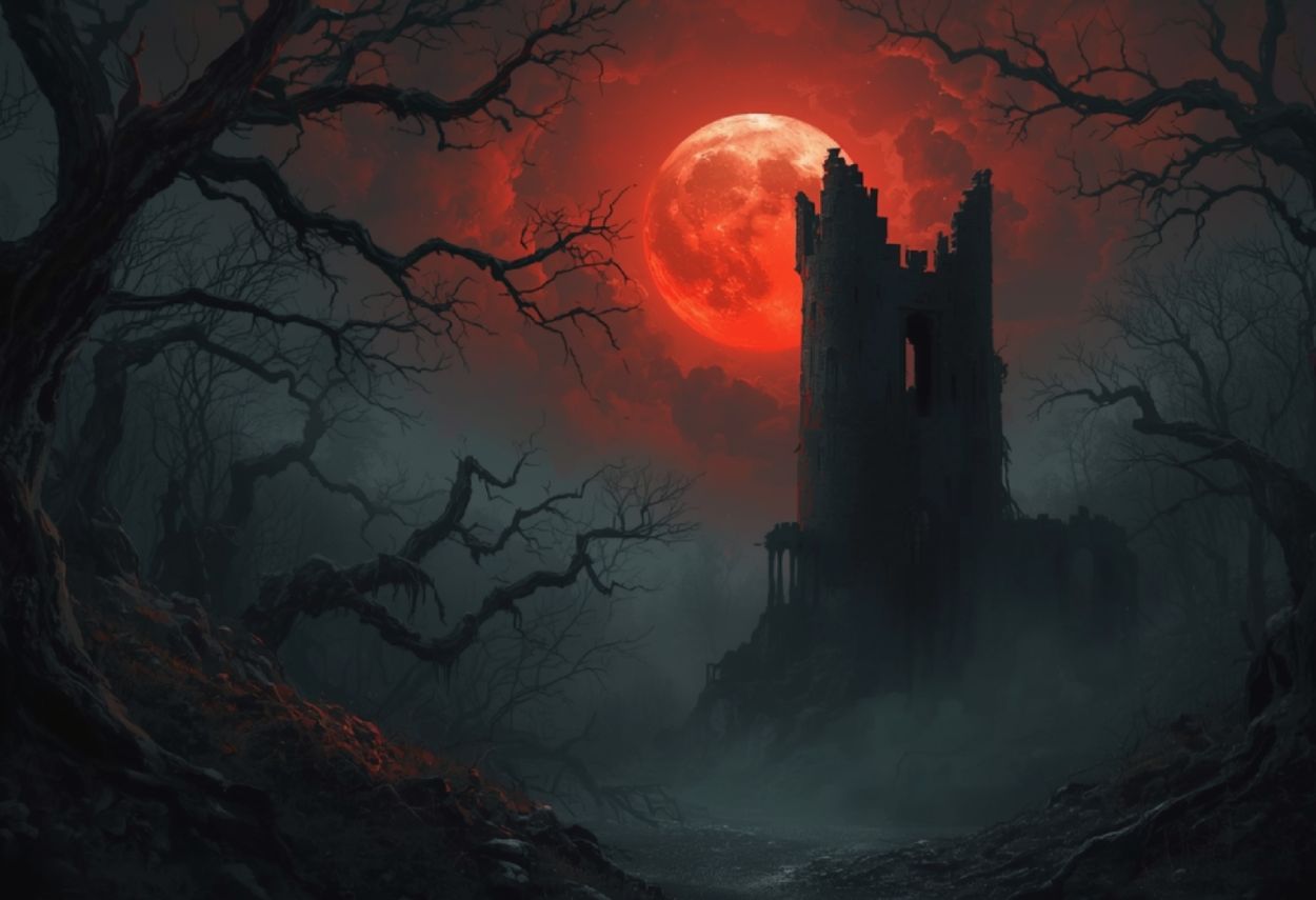 Düsteres Fantasy-Bild: Blutroter Vollmond über einer verfallenen Turmruine, umgeben von knorrigen Bäumen und gespenstischem Nebel – Omen von Morghulon.