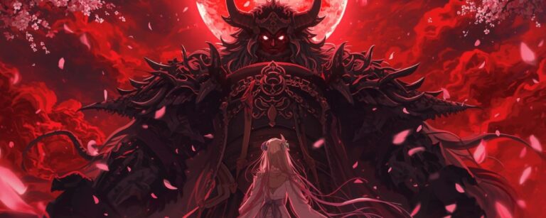 Anime-Szene mit weiß gekleideter Braut vor riesigem Oni-Dämon unter blutrotem Mond und fallenden Kirschblüten – Hero-Motiv zu Bride of the Ogre.