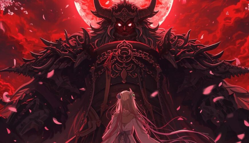 Anime-Szene mit weiß gekleideter Braut vor riesigem Oni-Dämon unter blutrotem Mond und fallenden Kirschblüten – Hero-Motiv zu Bride of the Ogre.