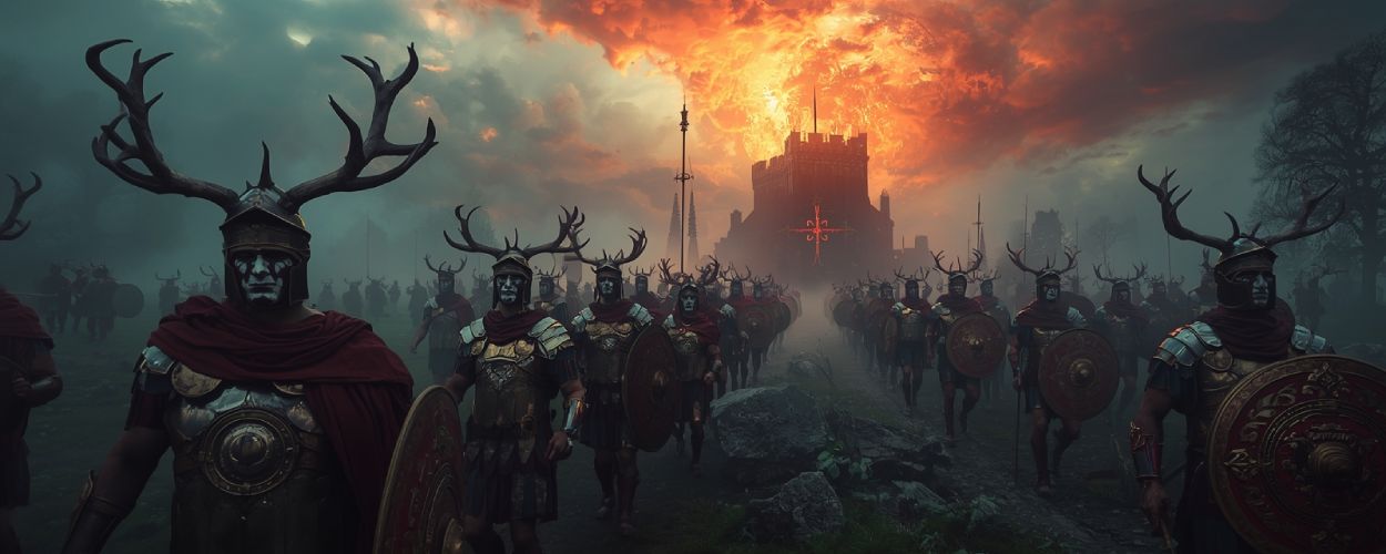 Römische Legionäre mit Geweihhelmen marschieren vor einer Festung unter einem feuerroten Himmel – psychedelische Fantasy-Szene wie aus Britannia.