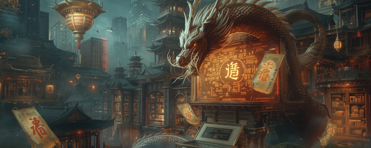Ein leuchtender chinesischer Drache windet sich durch eine futuristische Bibliotheksstadt – Sinnbild für die Erforschung moderner Fantastik in China.