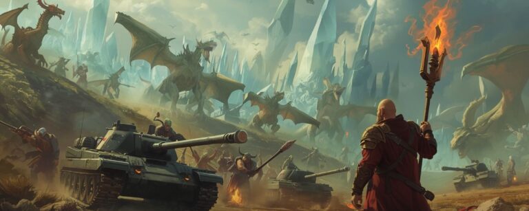 Surreales Schlachtfeld mit Tanks und Drachen, im Vordergrund Kane als Magier mit Feuerstab – die nie gebaute Fantasy Version von Command & Conquer