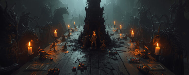 Ein düsterer Spieltisch mit Kerzen, Miniaturen und einem schwarzen Turm – Dark-Fantasy-Brettspiel-Atmosphäre.