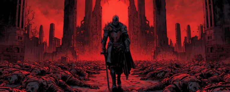 Blutgetränkter Ritter stapft durch ein Feld aus Leichen vor ruinösen Türmen – Covermotiv zu Dark Souls: Mother of Mourning.