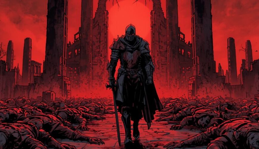 Blutgetränkter Ritter stapft durch ein Feld aus Leichen vor ruinösen Türmen – Covermotiv zu Dark Souls: Mother of Mourning.
