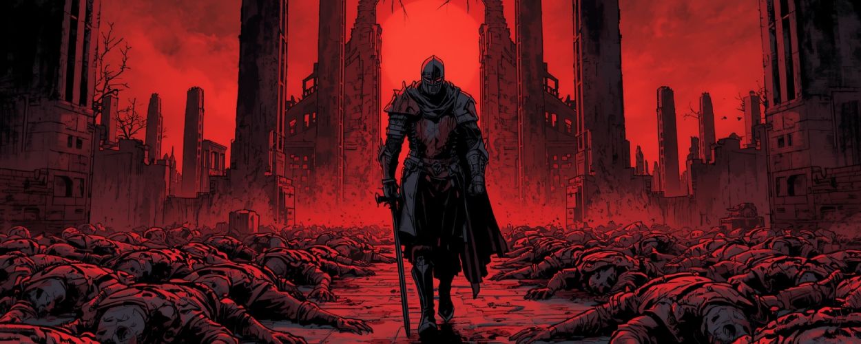 Blutgetränkter Ritter stapft durch ein Feld aus Leichen vor ruinösen Türmen – Covermotiv zu Dark Souls: Mother of Mourning.