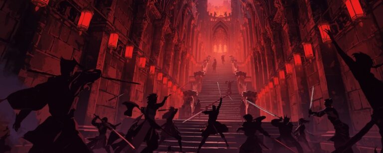 Kämpfende Silhouetten von Dämonenjägern im blutrot erleuchteten Saal des Infinity Castle.