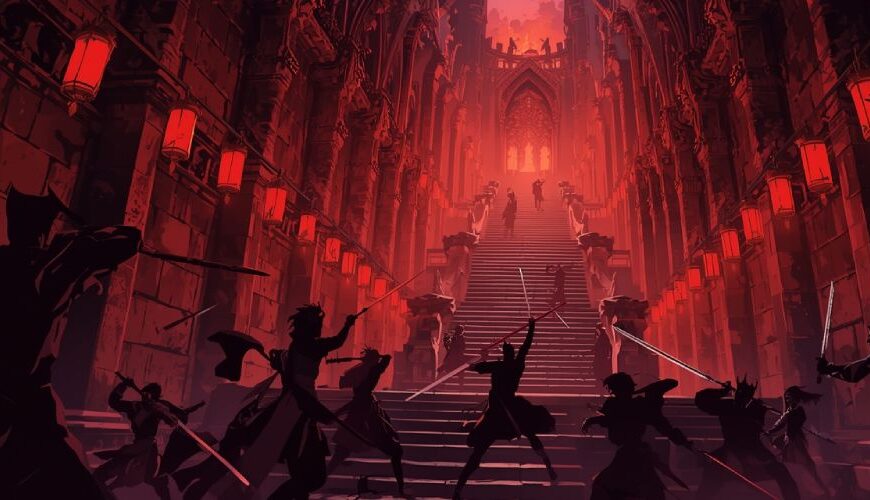 Kämpfende Silhouetten von Dämonenjägern im blutrot erleuchteten Saal des Infinity Castle.