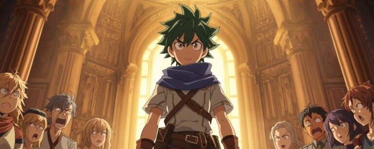 Anime Szene mit einem jungen Abenteurer, der entschlossen vor einer Gilde steht, während andere ihn ungläubig ansehen – Symbolbild für Der Held ohne Klasse.