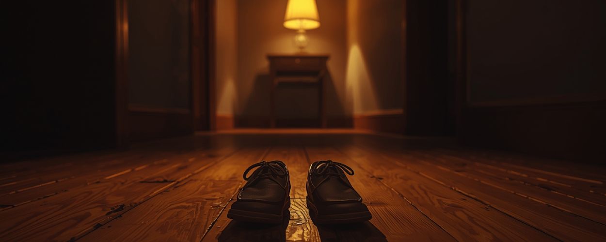 Ein Paar kleiner Lederschuhe steht in einem schummrig beleuchteten Flur auf Holzdielen, vor ihnen wirft eine Lampe warmes Licht und lange Schatten.