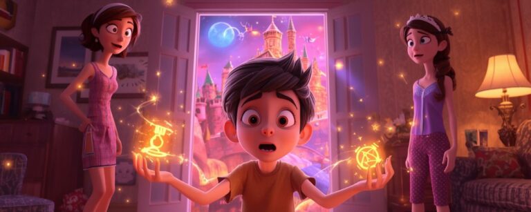 Szene aus Disneys Hexed: Ein Teenager entfesselt Magie im Wohnzimmer, während sich im Hintergrund ein Portal zu einer märchenhaften Parallelwelt öffnet.