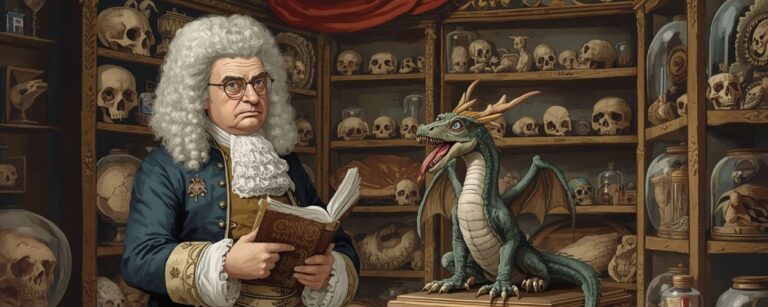Barocke Szene: Ein Gelehrter mit weißer Perücke und ernstem Blick steht in einer Wunderkammer voller Schädel und Gläser. Auf einem geschnitzten Podest sitzt ein kleiner Drache mit offenem Maul, der wie ein ausgestopftes Ausstellungsstück wirkt. Humorvolle Fantasy-Illustration im Rokoko-Stil.
