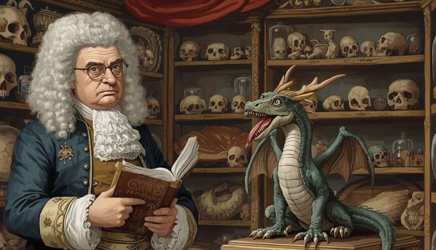 Barocke Szene: Ein Gelehrter mit weißer Perücke und ernstem Blick steht in einer Wunderkammer voller Schädel und Gläser. Auf einem geschnitzten Podest sitzt ein kleiner Drache mit offenem Maul, der wie ein ausgestopftes Ausstellungsstück wirkt. Humorvolle Fantasy-Illustration im Rokoko-Stil.