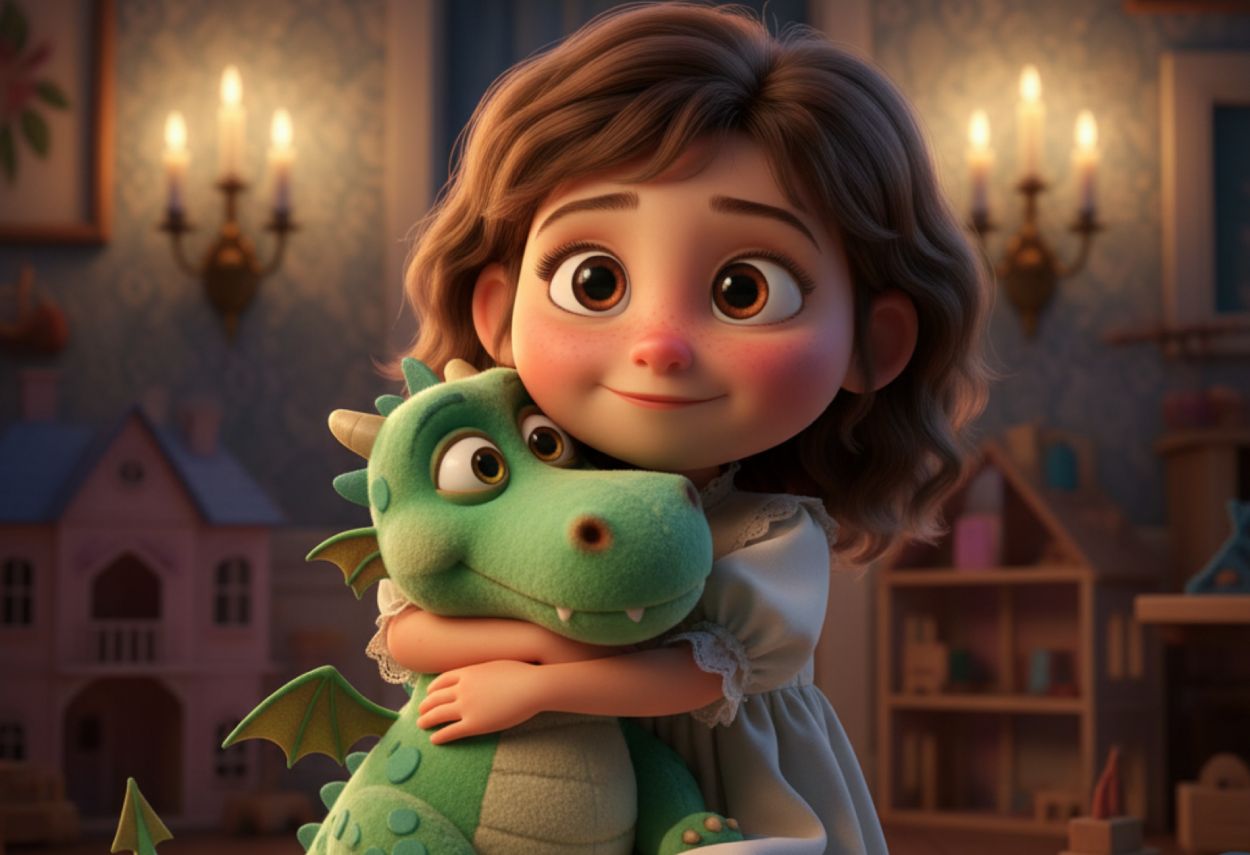 Ein Kind im gemütlichen, warm erleuchteten Kinderzimmer umarmt glücklich ein plüschiges Drachen-Kuscheltier. Märchenhafte Stimmung mit Kerze, Spielzeug und Fantasieatmosphäre.