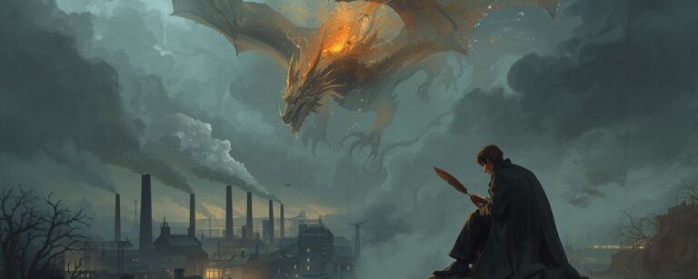 Romantisch-dramatische Fantasy-Szene: Ein Dichter mit Feder sitzt auf einem Felsen vor einer rauchenden Industrielandschaft. Über den Fabrikschloten steigt ein lodernder, majestätischer Drache in den Himmel – Sinnbild für Poesie und Protest im Zeitalter der Industrialisierung.
