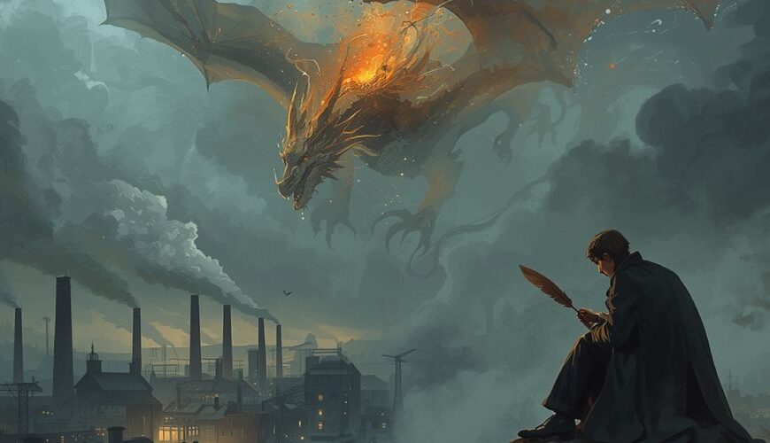 Romantisch-dramatische Fantasy-Szene: Ein Dichter mit Feder sitzt auf einem Felsen vor einer rauchenden Industrielandschaft. Über den Fabrikschloten steigt ein lodernder, majestätischer Drache in den Himmel – Sinnbild für Poesie und Protest im Zeitalter der Industrialisierung.