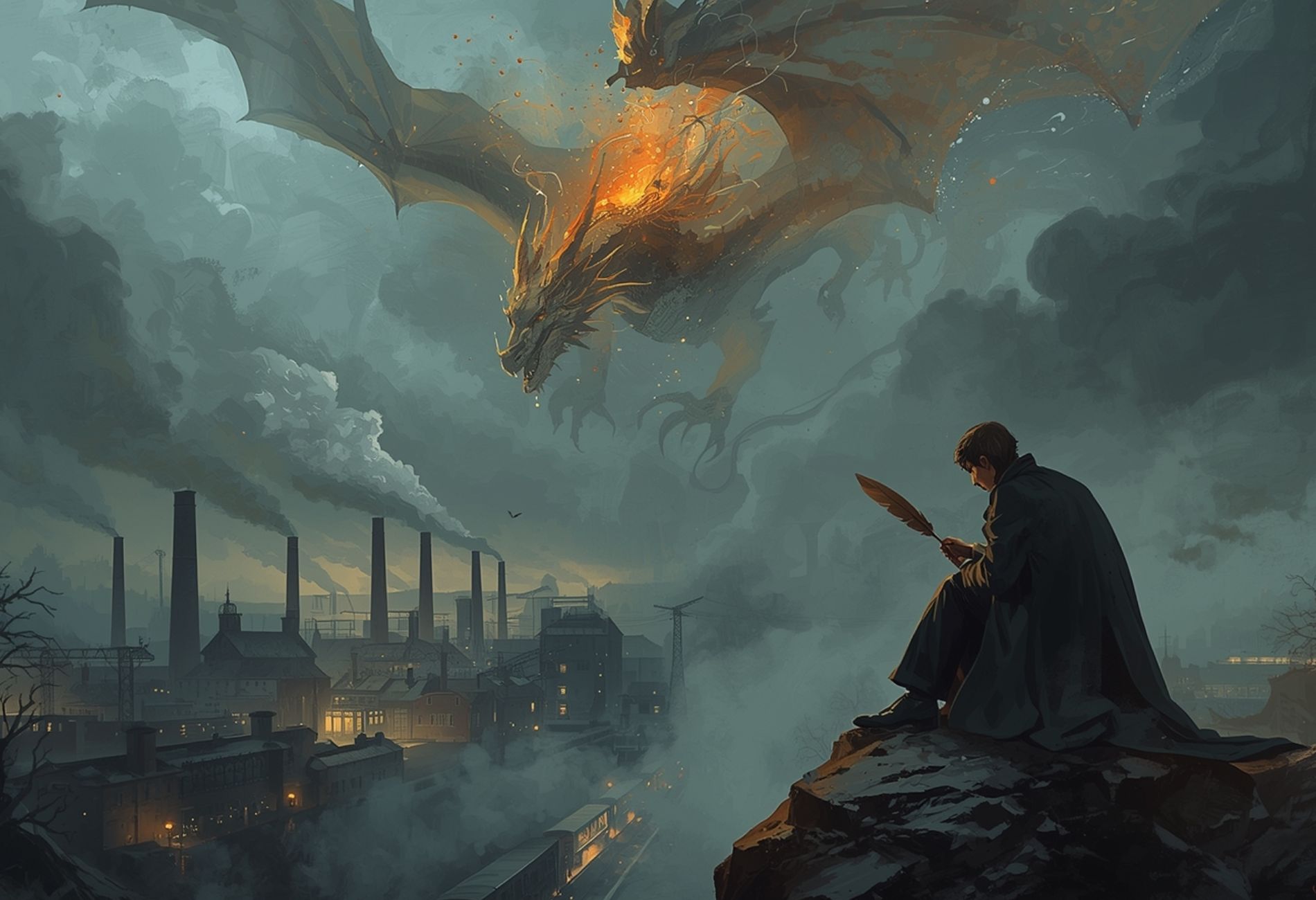 Romantisch-dramatische Fantasy-Szene: Ein Dichter mit Feder sitzt auf einem Felsen vor einer rauchenden Industrielandschaft. Über den Fabrikschloten steigt ein lodernder, majestätischer Drache in den Himmel – Sinnbild für Poesie und Protest im Zeitalter der Industrialisierung.