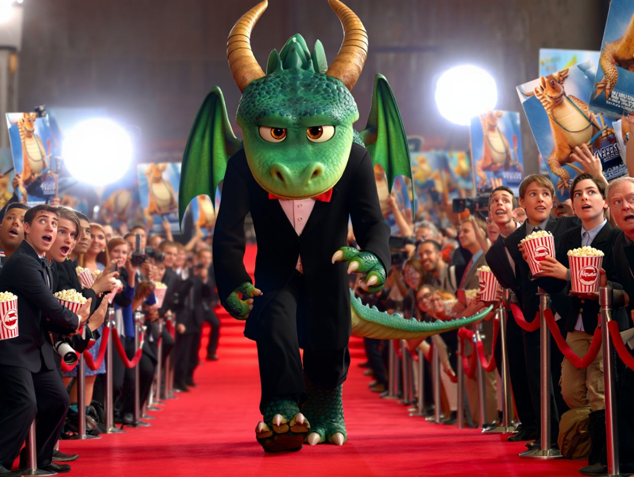 Ein Drache im Smoking läuft über den roten Teppich einer Filmpremiere. Fans jubeln, halten Popcorn und Poster hoch, während Fotografen ihre Kameras blitzen lassen.