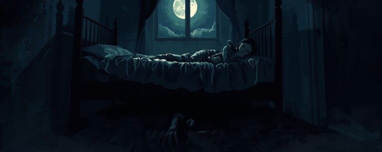 Mädchen liegt wach im Bett bei Vollmond, während unter dem Bett eine Monsterhand hervorlugt – Szene wie aus dem Horrorfilm Dust Bunny.