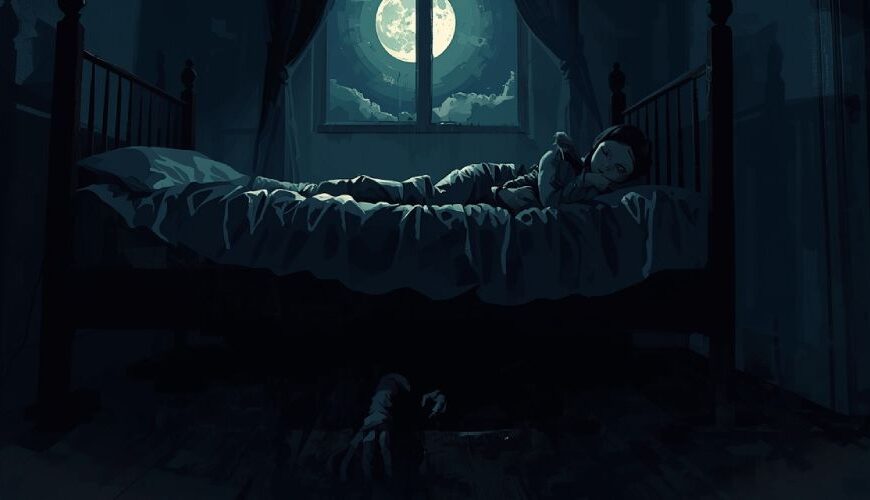 Mädchen liegt wach im Bett bei Vollmond, während unter dem Bett eine Monsterhand hervorlugt – Szene wie aus dem Horrorfilm Dust Bunny.