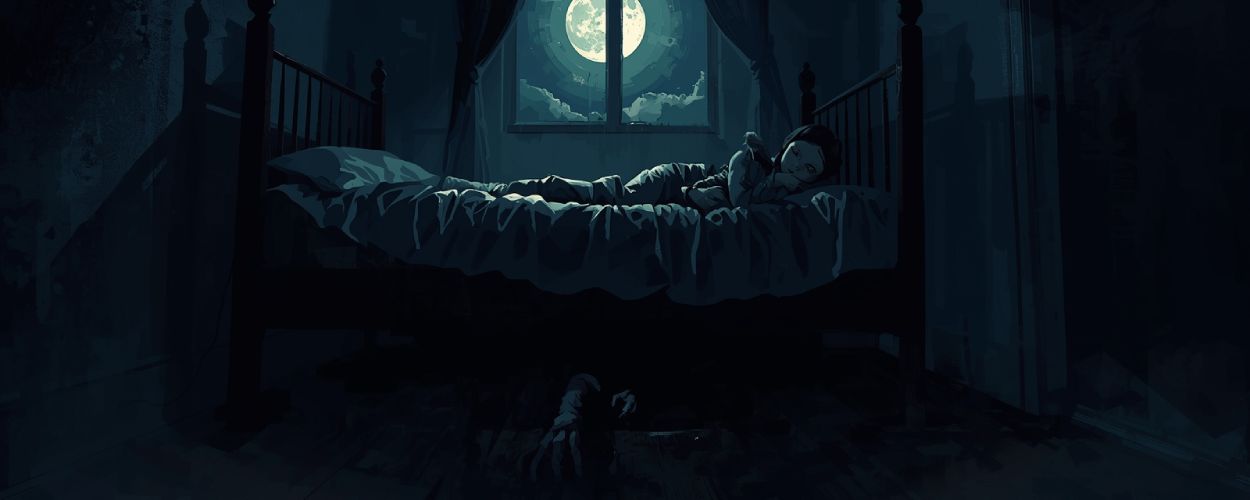 Mädchen liegt wach im Bett bei Vollmond, während unter dem Bett eine Monsterhand hervorlugt – Szene wie aus dem Horrorfilm Dust Bunny.