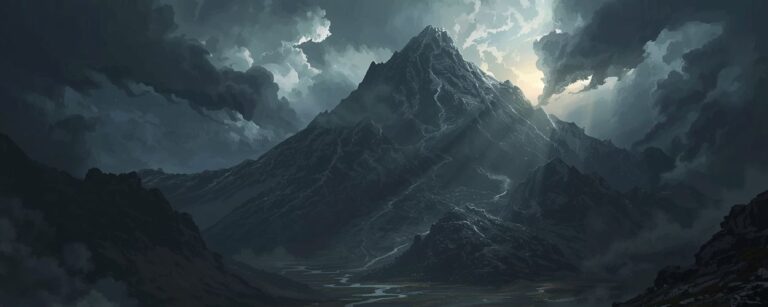 Der Einsame Berg erhebt sich düster über dem Tal, während die Gefährten im Schatten seiner Flanken ihrem Schicksal entgegenziehen. Epische Fantasy-Szenerie voller Bedrohung und Verheißung.