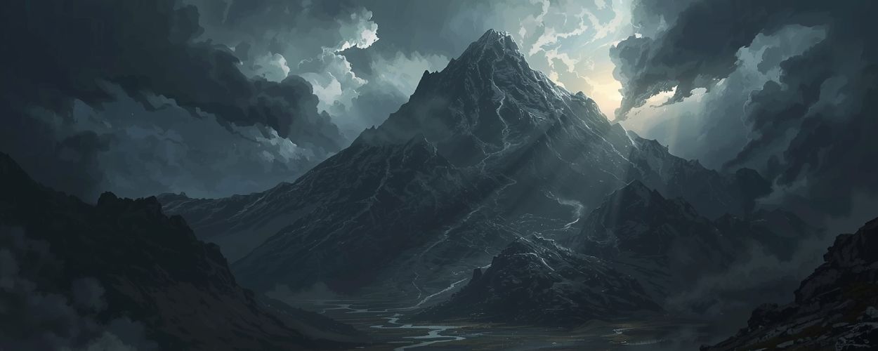 Der Einsame Berg erhebt sich düster über dem Tal, während die Gefährten im Schatten seiner Flanken ihrem Schicksal entgegenziehen. Epische Fantasy-Szenerie voller Bedrohung und Verheißung.