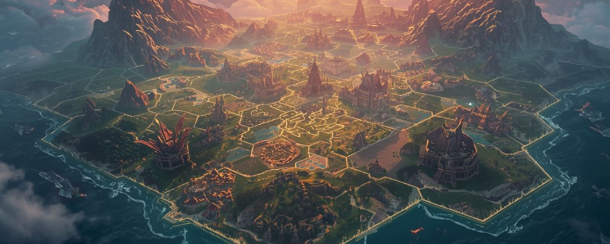 Ozeanische Fantasy-Karte mit zurückweichendem Meer, neue Küsten erscheinen und Fraktionen breiten sich aus – Symbol für Endless Legend 2.