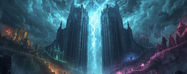 Monumentale Tore werden von einem gleißenden Blitz geteilt, während verschiedene Wege in unterschiedliche Fantasywelten führen – Sinnbild für die Frage: Was ist Fantasy?