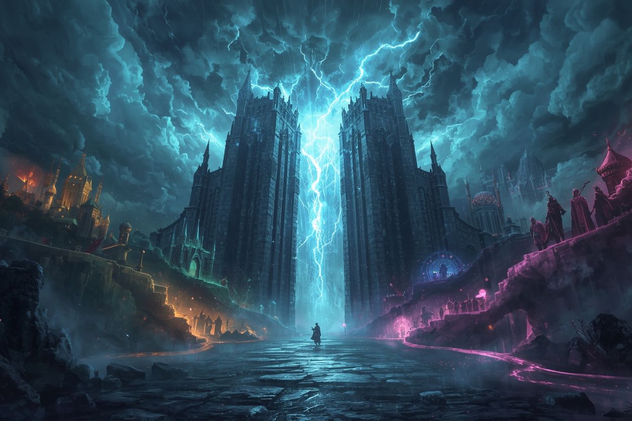 Monumentale Tore werden von einem gleißenden Blitz geteilt, während verschiedene Wege in unterschiedliche Fantasywelten führen – Sinnbild für die Frage: Was ist Fantasy?