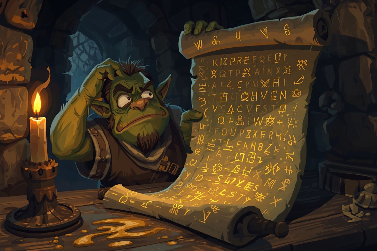 Ein begriffsstutziger Ork sitzt in einer düsteren Kammer und starrt verwirrt auf eine leuchtende Runenrolle – humorvolles Sinnbild für die Definitionsqual der Fantasy.