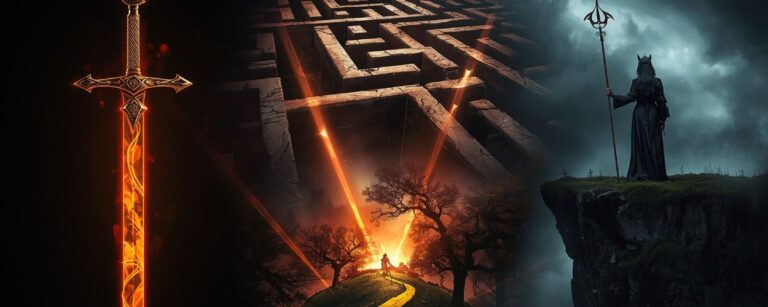 Collage ikonischer Fantasy-Motive: Zauberstab, Schwert, Labyrinth, Wolfsgöttin und gelber Ziegelweg – Symbol für die Diskussion um Fantasy-Filme.