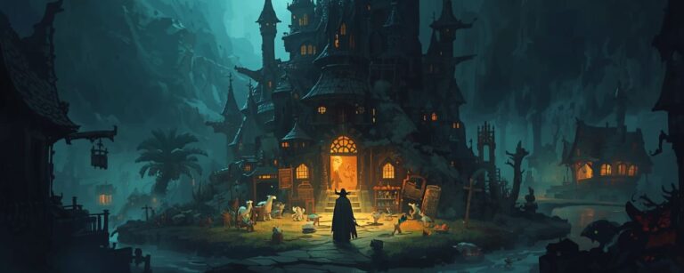 Ein geheimnisvoller Händler betritt ein düsteres Zauberschloss in der Erweiterung von Fantasy Life i Die Zeitdiebin