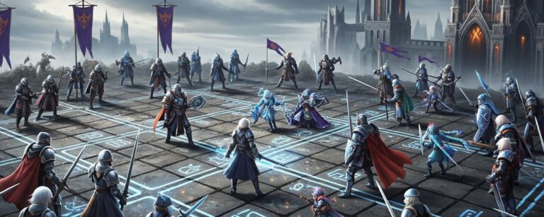 Ritter, Magier und Banner auf einem isometrischen Schlachtfeld mit leuchtenden Runenlinien, im Hintergrund gotische Türme von Ivalice – Symbol für Final Fantasy Tactics.