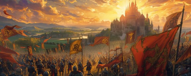 Episches Hero-Bild zu Final Fantasy Tactics: The Ivalice Chronicles: Armeen mit Bannern marschieren auf eine mittelalterliche Stadt im goldenen Sonnenuntergang zu.