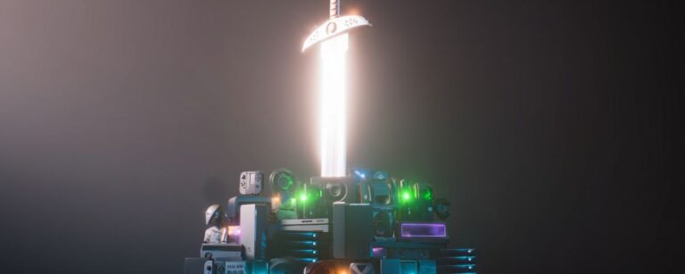 Ein strahlendes Buster Sword steckt in einem Haufen von Konsolen wie Switch, Xbox und PlayStation – Symbol für die Multiplattform-Zukunft von Final Fantasy VII.