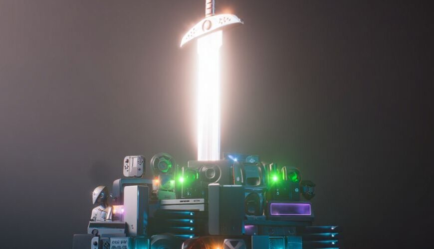 Ein strahlendes Buster Sword steckt in einem Haufen von Konsolen wie Switch, Xbox und PlayStation – Symbol für die Multiplattform-Zukunft von Final Fantasy VII.
