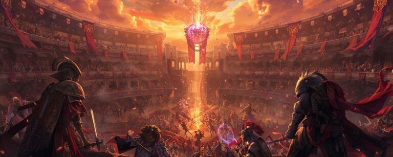 Episches Fantasy-Kolosseum im Sonnenuntergang, voller Banner, Kämpfer und Magie – Symbol für Fire Emblem: Fortune’s Weave.